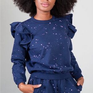 Clare V. | Navy Ruffle Sweatshirt with Pink Splatter Patten, XL